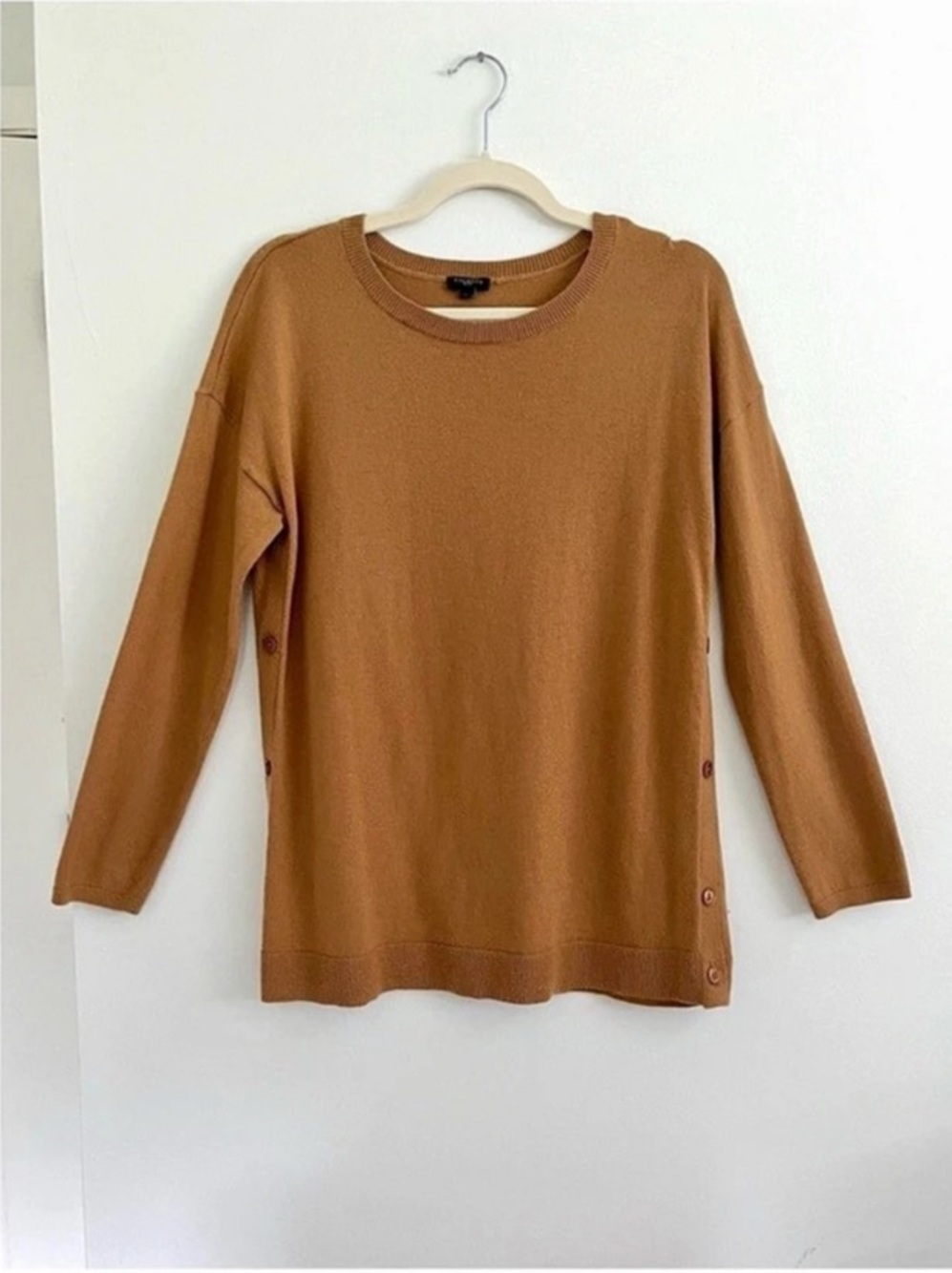 Talbots Lambswool Blend Side Button Crewneck Fall Sweater Brown Medium Classic